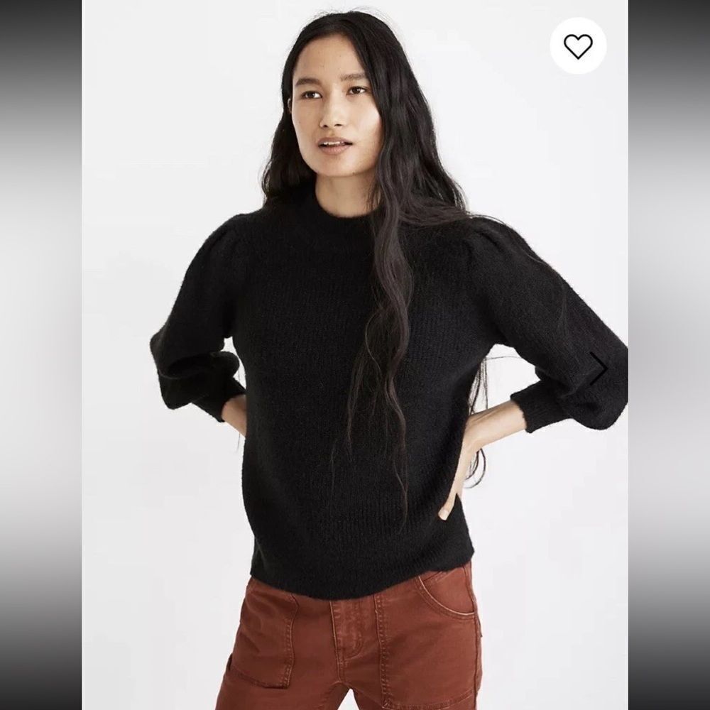 Madewell Eaton Puff-Sleeve Pullover Sweater | charcoal grey | XS
